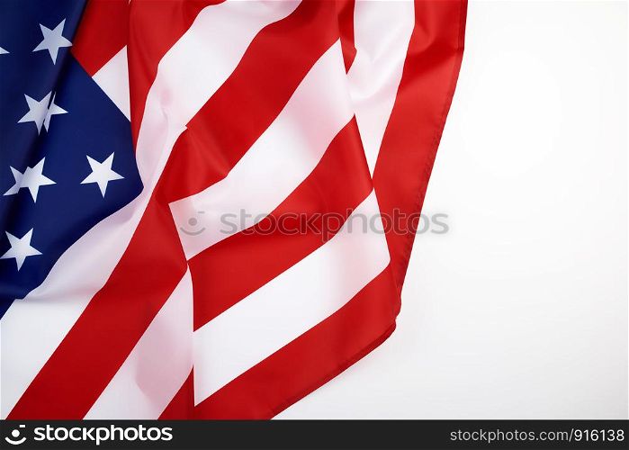 national textile flag of United States of America, surface in waves. Independence Day Background, copy space