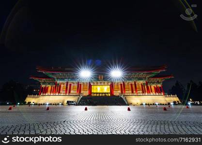 National Theater Hall of Chiang Kai-Shek Memorial Hall at night in Taipei, Taiwan. the famous landmark