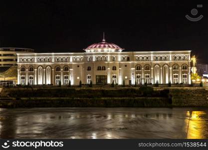 National theatre in Skopje in a beautiful summer night, Macedonia