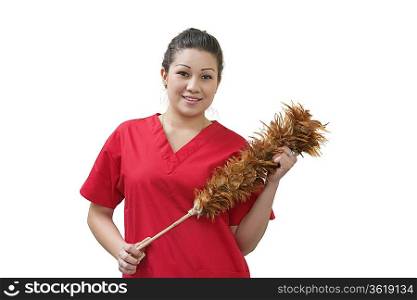 Native American house cleaner holding feather duster over white background
