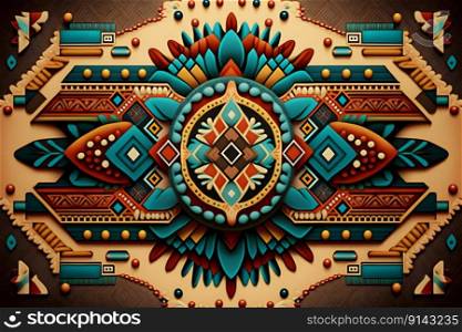 Native American traditional pattern ethnic design background in brown earth colors with blue elements. AI Generative content
