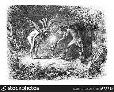 Native Blowing Cigarette Smoke in Oiapoque, Brazil, drawing by Riou from a sketch by Dr. Crevaux, vintage engraved illustration. Le Tour du Monde, Travel Journal, 1880