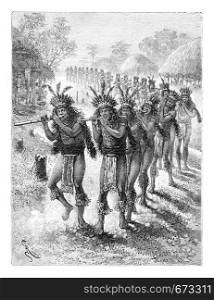 Native Music and Dance in Oiapoque, Brazil, drawing by Riou from a sketch by Dr. Crevaux, vintage engraved illustration. Le Tour du Monde, Travel Journal, 1880