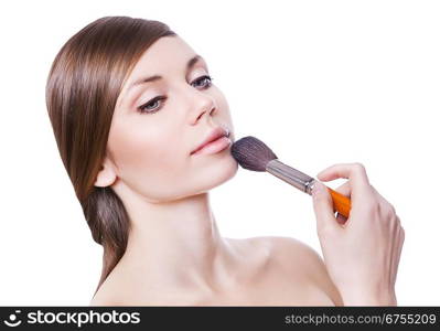 natural attractive woman with brush on white background