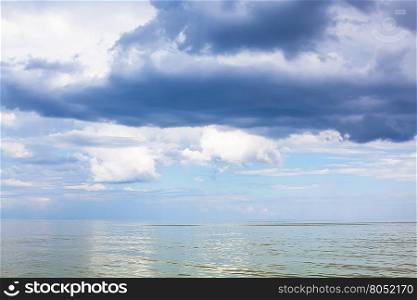 natural background - dark blue rain clouds over Sea of Azov, Temryuk bay, Golubitskaya resort, Taman peninsula, Kuban, Russia