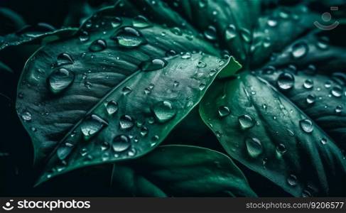 Natural Background, Green Leaves with Water Drops, Generative AI. Green Leaves Natural Background