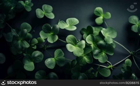 Natural Background with Clover on a Dark Background, Generative AI. Natural Background with Clover