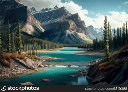 Natural Background with Mountain and River. Illustration AI Generative