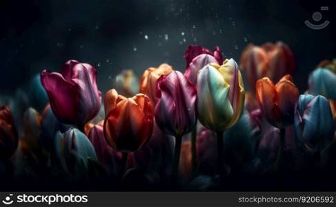 Natural Background with Multicolored Tulips with Raindrops on Dark, Generative AI. Natural Background with Multicolored Tulips