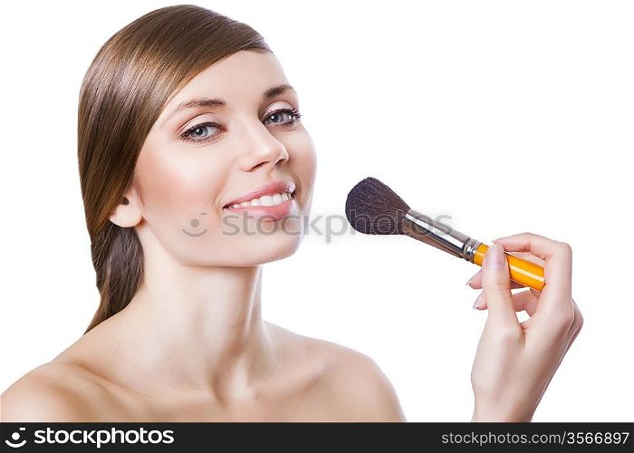 natural beautiful woman with brush on white background