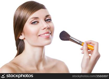 natural beautiful woman with brush on white background