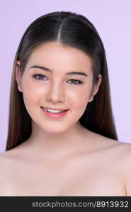 Natural beauty closeup portrait of young charming  brunette girl looking at camera. Perfect smooth face skin attractive young  girl with bare shoulder for skincare and cosmetic product.. Natural beauty concept closeup portrait of young charming  brunette girl.