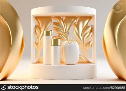 natural beauty podium background cosmetic product display gold and white color. natural beauty podium background cosmetic product display gold and white color AI Generated
