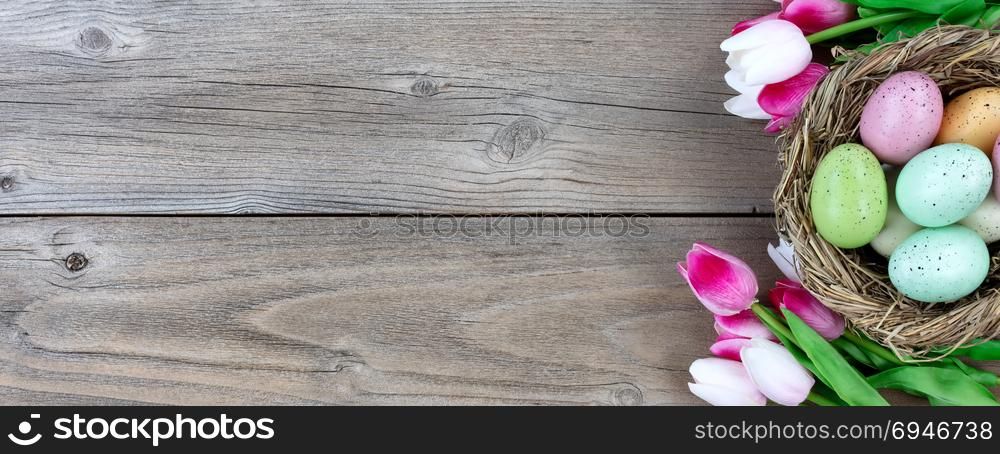 Natural bird nest with colorful eggs and tulips on weathered wood