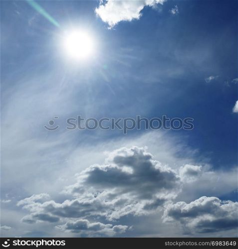 Natural bright sun on dark blue sky background.