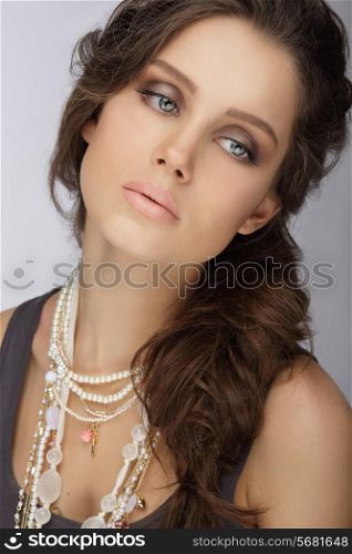 Natural Brunette with Pearly Necklace with Beads