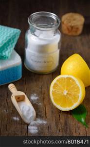 Natural cleaning tools lemon and sodium bicarbonate for house keeping