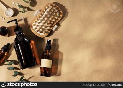 Natural cosmetic products, Zero waste, eco friendly bathroom accessories on beige background with leaves shadows flat lay copy space. Natural cosmetic products, Zero waste, eco friendly bathroom accessories on beige background with leaves shadows