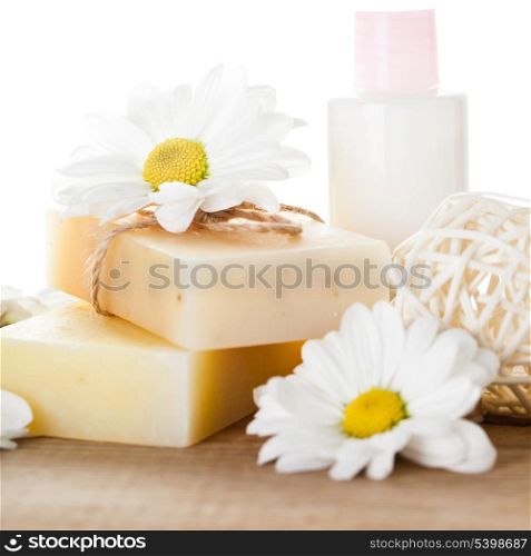 Natural cosmetics concept: soap and hand cream for hands
