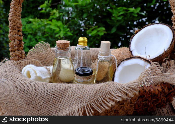 Natural cosmetics from coconut copra, skin care product as coconut oil,soap bar on green background, organic cosmetic good for health