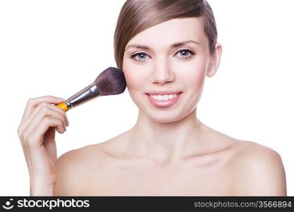 natural cute woman with brush on white background