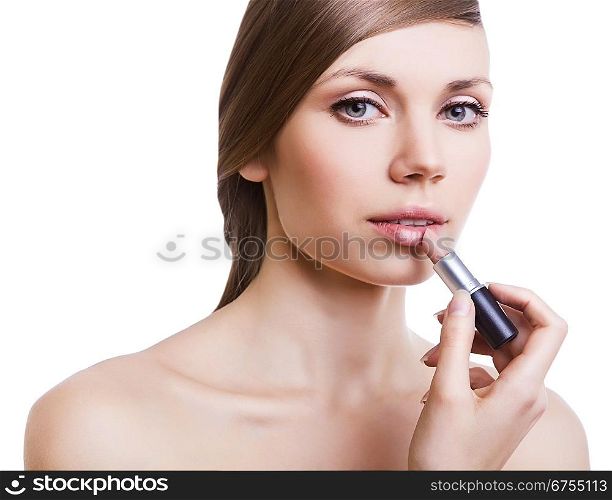 natural cute woman with lipstick on white background