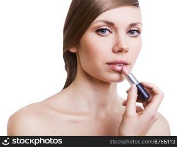 natural cute woman with lipstick on white background