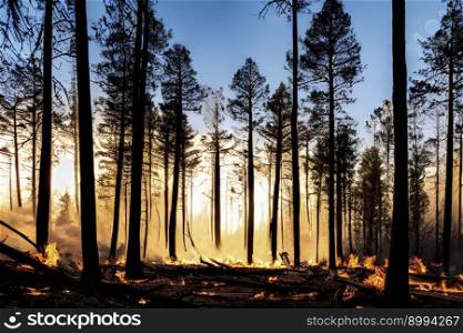Natural Disasters, ground view of bushfire destroying large forest areas, created with Generative AI technology