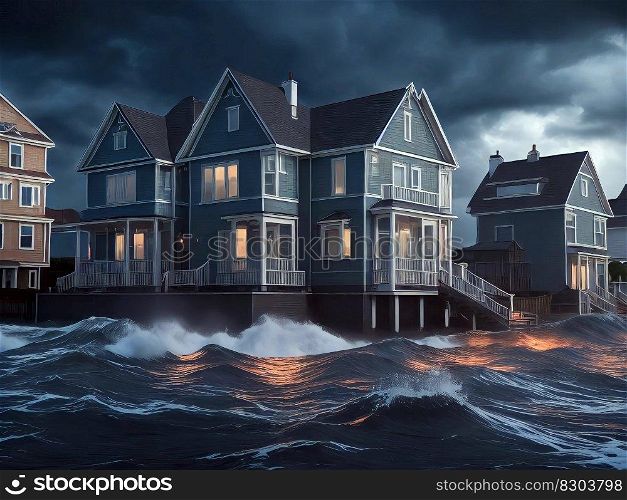 Natural Disasters, hurricane, view of sea front houses being battered by huge waves, created with Generative AI technology
