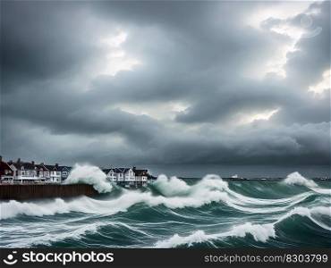 Natural Disasters, hurricane, view of sea front houses being battered by huge waves, created with Generative AI technology