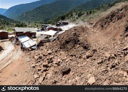 Natural Disasters, mudslides, residential area destroyed by mudslide, created with Generative AI technology