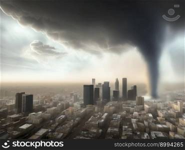 Natural Disasters, tornados, aerial view of dark funnel of a tornado over city center, created with Generative AI technology