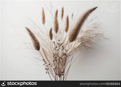 Natural dried hare’s tail grass bouquet on white backgroud. Illustration Generative AI 
