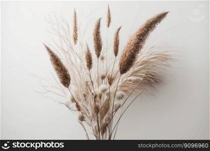 Natural dried hare’s tail grass bouquet on white backgroud. Illustration Generative AI 