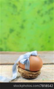 Natural easter egg with light blue ribbon in nest on green background