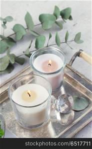 Natural eco home decor. Natural eco home decor with green leaves and burning candles on silver tray