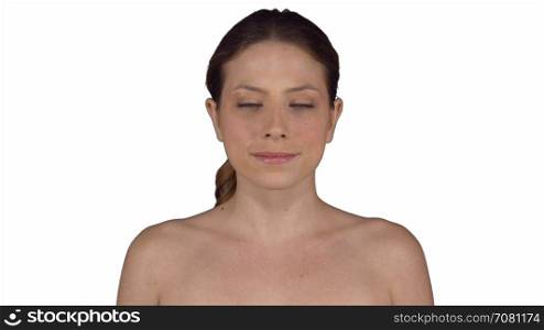 Natural female stands calmly smiling (White Background)