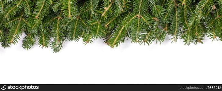 Natural fir Christmas tree border frame isolated on white , copy space for text. Fir tree branch frame on white