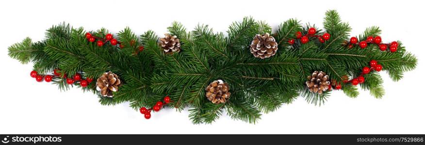 Natural fir Christmas tree branches, cones and red berries isolated on white , copy space for text. Fir tree branch decor on white