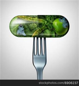 Natural food supplement concept as a pill or medicine capsule with fresh fruit and vegetables inside on a fork as a nutrition and dietary vitamin symbol for good eating health and fitness lifestyle with a 3D render.