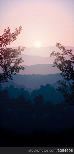 Natural forest Jungle green horizon trees Landscape wallpaper Sunrise and sunset Illustration vector style Colorful view background