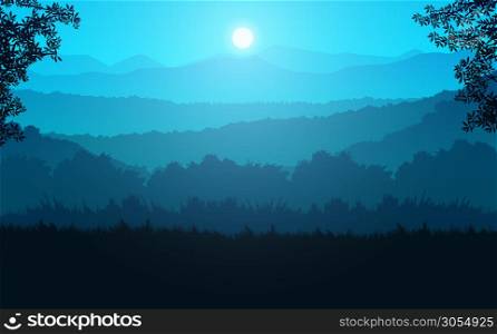 Natural forest Jungle green horizon trees Landscape wallpaper Sunrise and sunset Illustration vector style Colorful view background