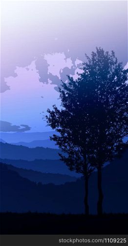 Natural forest Jungle horizon trees Landscape wallpaper Sunrise and sunset Illustration vector style Colorful view background