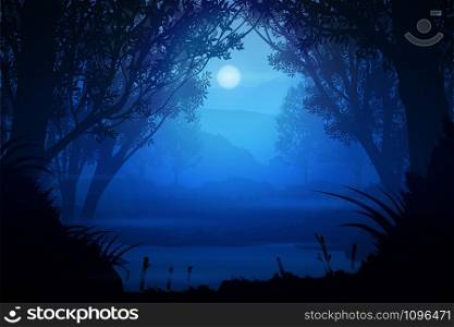 Natural forest Mountains and streams Sunrise and sunset Light moon Landscape wallpaper Illustration vector style Colorful tone background