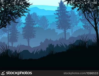 Natural forest mountains horizon Jangle landscape wallpaper Sunrise and sunset Illustration vector style Colorful view background