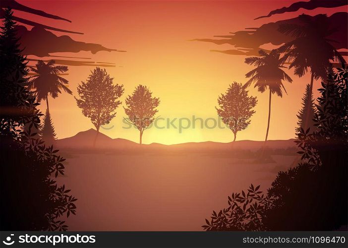 Natural forest mountains horizon Landscape wallpaper Skyline Sunrise and sunset Illustration vector style Colorful red tone view background