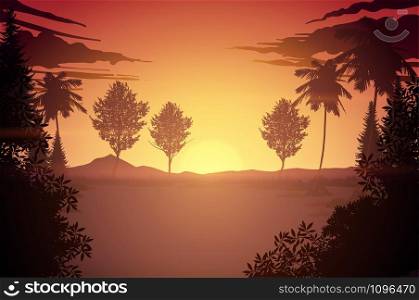 Natural forest mountains horizon Landscape wallpaper Skyline Sunrise and sunset Illustration vector style Colorful red tone view background