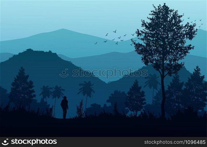 Natural forest mountains horizon trees Landscape wallpaper Sunrise and sunset Illustration vector On comics style Colorful view background
