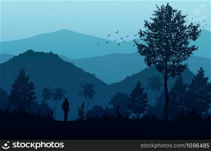 Natural forest mountains horizon trees Landscape wallpaper Sunrise and sunset Illustration vector On comics style Colorful view background