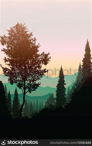 Natural forest mountains horizon trees Landscape wallpaper Sunrise and sunset Illustration vector style Colorful view background